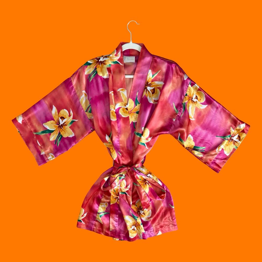 90's vintage tropical floral satin lingerie kimono robe MEDIUM